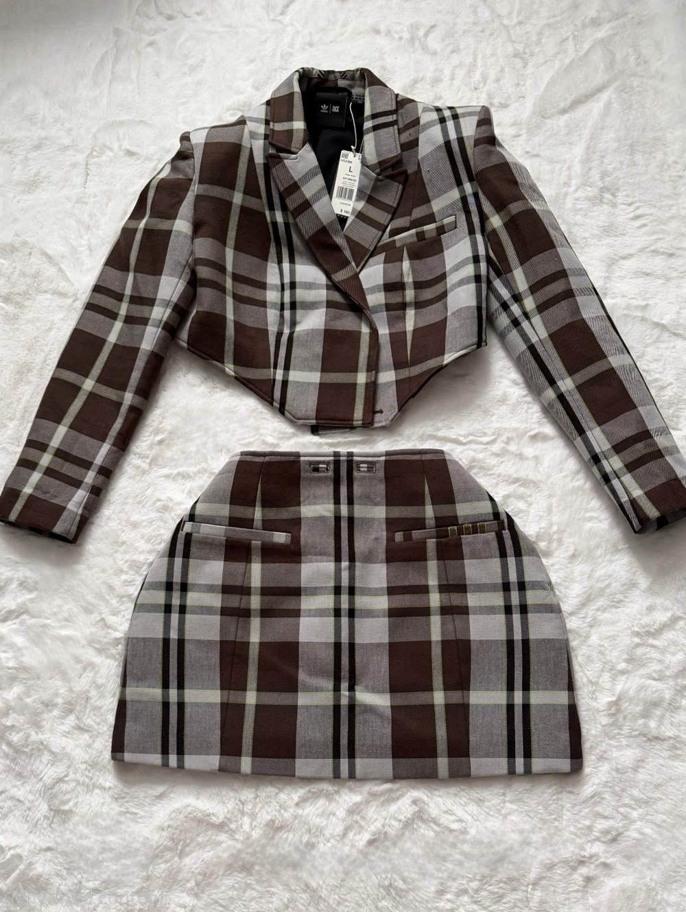 NWT Adidas x Ivy Park Halls of Ivy Plaid Cropped Jacket & Skirt, L